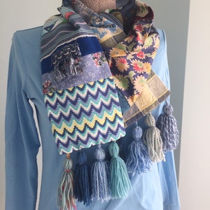 Patchwork Scarf, Upcycled Fabric Wrap, Handmade, Embellished Scarf, Spring Colors, Boho Scarf, Year Round Comfort, Ecofriendly