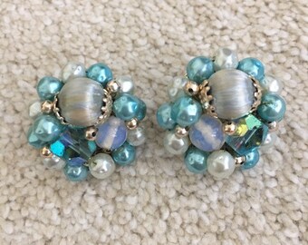 Vintage Earrings, Japan Earrings, Aqua Earrings, Cluster Earrings, Clip Earrings, 1940-50s, Mid Century, Silk Beads, Glass Beads