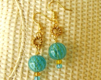 Handmade Earrings, Artisan Earrings, My Beautiful Balloon, Blown Glass, Aqua Yellow Golden, Dangle Earrings