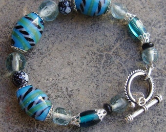 Bead Bracelet, Blue Bracelet, Handmade Bracelet, Blue Silver, Glass Beads, Chunky, Blue Jewelry