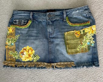 Upcycled Denim Skirt, Waist 32", Hippie, Distressed, Embellished, Aeropostale Skirt, 9-10, Mini Skirt, Spring, Summer, Festival, Cottage