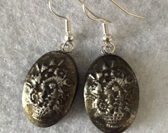 Goth Earrings, Black Silver Earrings, Flower Basket Earrings, Goth Floral Earrings, Beads, Brutalist, Polymer Clay, Lightweight, Pierced