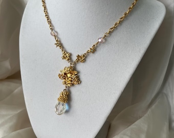 Vintage Kirk's Folly, Necklace, Gold Tone, Pave Rhinestone, Cherub, Magical. Mystical, Briolette Crystal, Retired