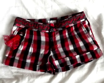 Festival Shorts, Upcycled Clothing, Boho Shorts, Gypsy Shorts, Altered Couture, Collage Clothing, Black, Red, Embellished Shorts, Lace
