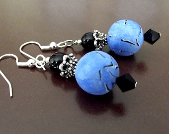 Bead Earrings, Blue Earrings, Black Earrings, Bead Earrings, Handmade Earrings, Polymer Clay, Swarovski Crystal, Pierced Earrings