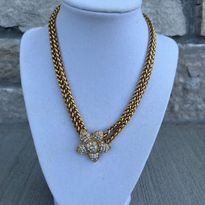 Vintage Necklace, Two Strand, Gold Tone Necklace, Crystal Encrusted Flower, 1960s, 1970s, Mid Century Jewelry, Unsigned Beauty, Statement