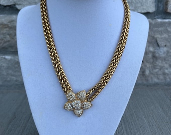Vintage Necklace, Two Strand, Gold Tone Necklace, Crystal Encrusted Flower, 1960s, 1970s, Mid Century Jewelry, Unsigned Beauty, Statement