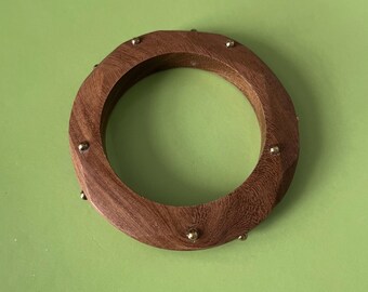 Vintage Bangle, Wood, Teak, Brass Studs, Woodgrain, Glossy Finish, Tribal, Retro, Unsigned