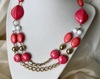 Vintage Robert Rose Choker, Salmon Coral White, Plastic, Acrylic, Gold tone, Early Plastic, 1980s, Marbled