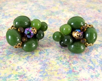 Vintage Earrings, Green Earrings, Early Plastic Beads, Cluster Earrings, Clip Earrings, 1940-50s, W. Germany