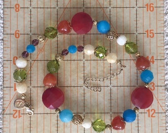 Natural Stone Necklace, Orange Turquoise Green, Stone Choker, Glass, Gold Chain, Carnelian, Quartz, Chunky Necklace