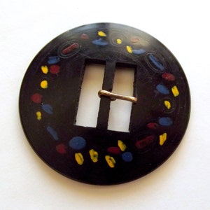 Celluloid Buckle, Vintage Buckle, Round Buckle, Circle, Mod, Black Buckle, Yellow, Blue Red, Paint, Mid Century, Craft Supplies image 1