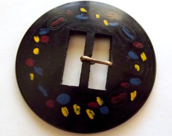 Celluloid Buckle, Vintage Buckle,  Round Buckle, Circle, Mod, Black Buckle, Yellow, Blue Red, Paint, Mid Century, Craft Supplies