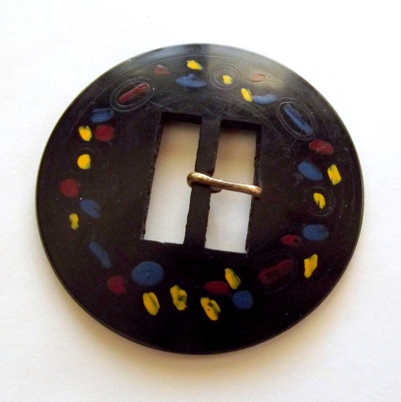 Celluloid Buckle, Vintage Buckle,  Round Buckle, Circle, Mod, Black Buckle, Yellow, Blue Red, Paint, Mid Century, Craft Supplies