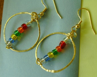 Pierced Earrings, Rainbow Earrings, Bead Earrings, Hand Tooled, Artisan Earrings, Hammered, Delicate Hoops