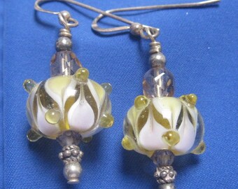 Bead Earrings, White Yellow Pink Earrings, Lampwork Glass, Swarovski Crystals, Silver Bead, Elegant, Spring Earrings, Handmade