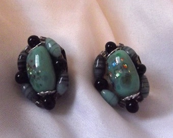 Cluster Earrings, Art Glass Earrings, Bead Earrings, Sea Mist Green, Vintage Earrings,Turquoise, Black, Clip Earrings, 1950s