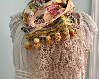 Patchwork Scarf, Yellow, Upcycled Fabric Wrap, Handmade, Embellished, Lacy, Spring, Boho, Year Round Comfort, Ecofriendly