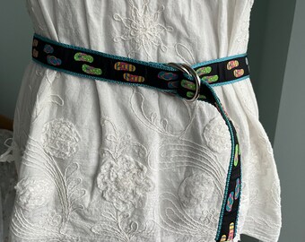 Fabric D Ring Slider Belt, Douglas Paquette, 2003, Turquoise, Multicolor, Women's Belt, Medium, Colorful Belt, Spring, Summer, Accessory