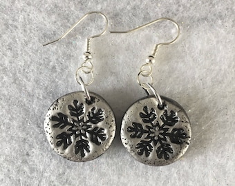 Snowflake Earrings, Silver Black Earrings, Handmade Earrings, Nature Earrings, Polymer Clay, Lightweight, Pierced