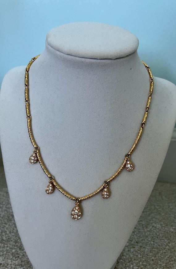 Vintage Nolan Miller Choker, Nolan Miller Necklace, Gold Tone, Pave Rhinestone, Pear Charm, Longer Link Chain Necklace, Signed Nolan Miller