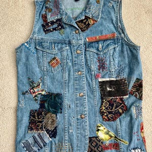 Denim Vest, Embellished Vest, Distressed, Applique, Upcycled Vest, Bird, Flower, Jeans Vest, Embroidered Vest, Repurposed, Collage, Hippie