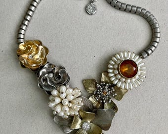 JS Necklace, Jessica Simpson, Choker, Signed, Floral, Mixed Metal, Bib, Statement, Faux Pearl, Rhinestone