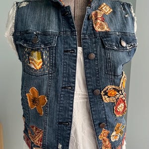 Denim Vest, Embellished Vest, Distressed, Applique, Upcycled Vest, Fall Colors, Jeans Vest, Embroidered Vest, Repurposed, Collage, Hippie