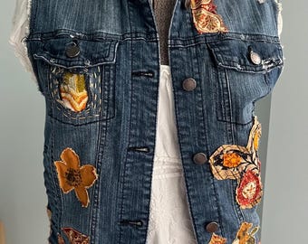 Denim Vest, Embellished Vest, Distressed, Applique, Upcycled Vest, Fall Colors, Jeans Vest, Embroidered Vest, Repurposed, Collage, Hippie