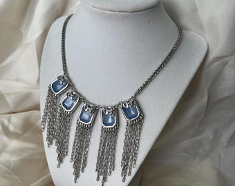 Choker Necklace, Jessica Simpson, Waterfall, Signed JS, Silvertone, Milky Blue Stones Bib, Statement, Fringe