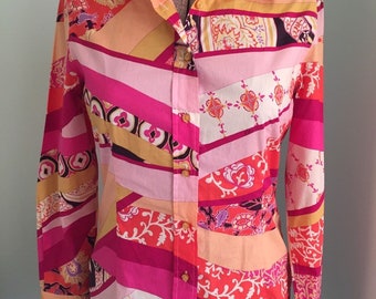Vintage ETRO Milan, Ladies Cotton LS Blouse, IT 44, Medium, Orange, Hot Pink, Mod, Psychedelic, Made in Italy