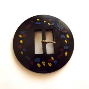 Celluloid Buckle, Vintage Buckle, Round Buckle, Circle, Mod, Black Buckle, Yellow, Blue Red, Paint, Mid Century, Craft Supplies image 4