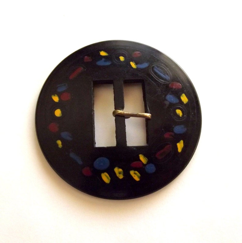 Celluloid Buckle, Vintage Buckle, Round Buckle, Circle, Mod, Black Buckle, Yellow, Blue Red, Paint, Mid Century, Craft Supplies image 4