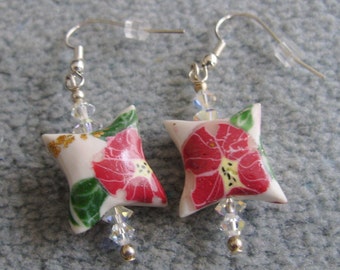 Pink Flower Earrings, Floral,  Hibiscus, Polymer Clay, Beaded Earrings, Swarovski Crystal, Pierced, Handmade Earrings