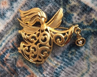 Vintage Brooch, Signed Tona, Tona Brooch, Angel Brooch, Flying Angel, Christmas Pin, Gold Metal, Collectible Brooch