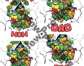 May include: Four Teenage Mutant Ninja Turtles characters, wearing their signature bandanas, are breaking through a cracked wall. They are holding pizza slices and boxes. The text "TURTLE POWER" is above them, and the text "MOM", "DAD", "BRO", and "BIRTHDAY DUDE" is below them.