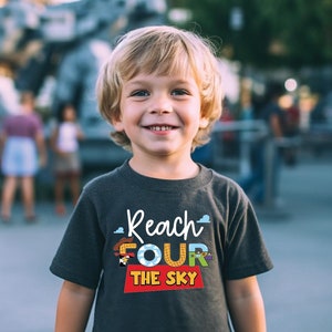 Reach Four the Sky Birthday Shirt, Kids 4th B-day Party, Unisex Children's Personalized Shirt, Toy Theme