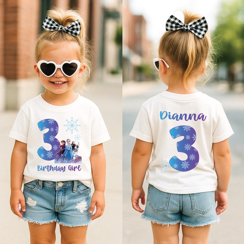 Pode incluir: Camiseta branca com o n&uacute;mero 3 azul e roxo e o texto "Birthday Girl" e uma imagem de Elsa e Anna de Frozen. A parte de tr&aacute;s da camisa tem o nome "Dianna" e um n&uacute;mero 3.
