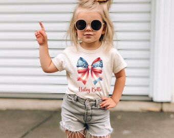 Cute Girls 4th of July Croquette Bow T-Shirt, Custom Fourth of July Girls Shirt, Cute Bow shirt for girls, Personalized Gift for Her