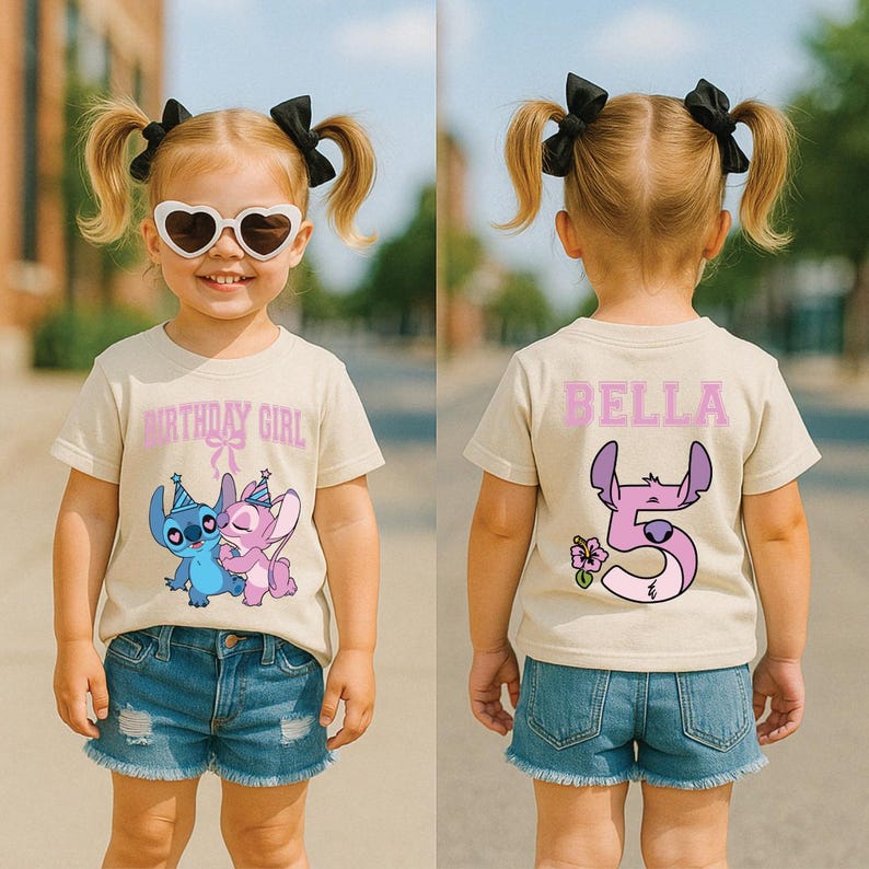 May include: A tan t-shirt with the text "BIRTHDAY GIRL" and cartoon characters Stitch and Angel. The back of the shirt has the name "BELLA" and a number 5 with a cartoon character and flower. The shirt is worn with denim shorts.