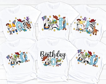 Camiseta de aniversário com tema de brinquedo de família, festa de aniversário infantil, camiseta personalizada unissex, camiseta personalizada de festa de brinquedo para aniversário