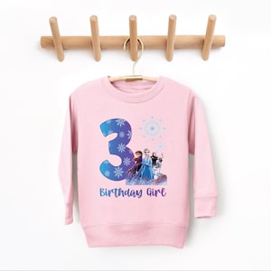 Pode incluir: Camisola rosa claro para crian&ccedil;a com o n&uacute;mero 3 azul, flocos de neve e uma imagem de personagens. O texto "Birthday Girl" est&aacute; em baixo. Pendurada num cabide de madeira.