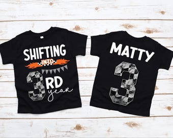 Shifting into 3rd Year Birthday Shirt for Boys, Motocross, Dirtbike, Quad, Flames, Checker - Three and Crushing It Racing Themed Toddler Tee