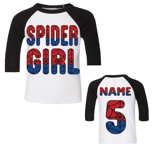 Camiseta de béisbol de fiesta de cumpleaños de Spider Girl, camisa de araña de dibujos animados, personalízame, camisa de estilo de béisbol de cumpleaños personalizada de Spider Girl