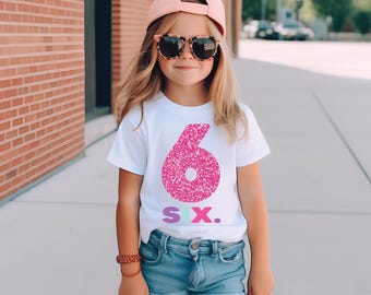 Camiseta brilhante para 6º aniversário para meninas - Camiseta personalizada com número de idade - Blusa comemorativa com estampa DTF
