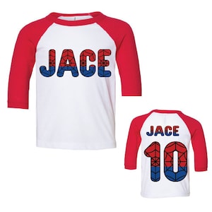Spider Style Birthday Party Baseball Tee, Cartoon Spider Shirt, Personalize me, Swinging Custom Birthday Shirt