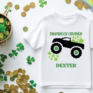 Monster Truck St.Patricks Day, Boy St. Patricks Day, Personalized Kids and Toddler Boy Clothing, Off Roading Clovers, 4 Leaf, Lucky Boy