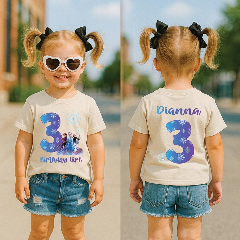 Pode incluir: Camiseta bege com o n&uacute;mero 3 azul com design de floco de neve e personagens de Frozen. O texto "Birthday Girl" est&aacute; abaixo. A parte de tr&aacute;s da camiseta tem o nome "Dianna" e um n&uacute;mero 3 azul.