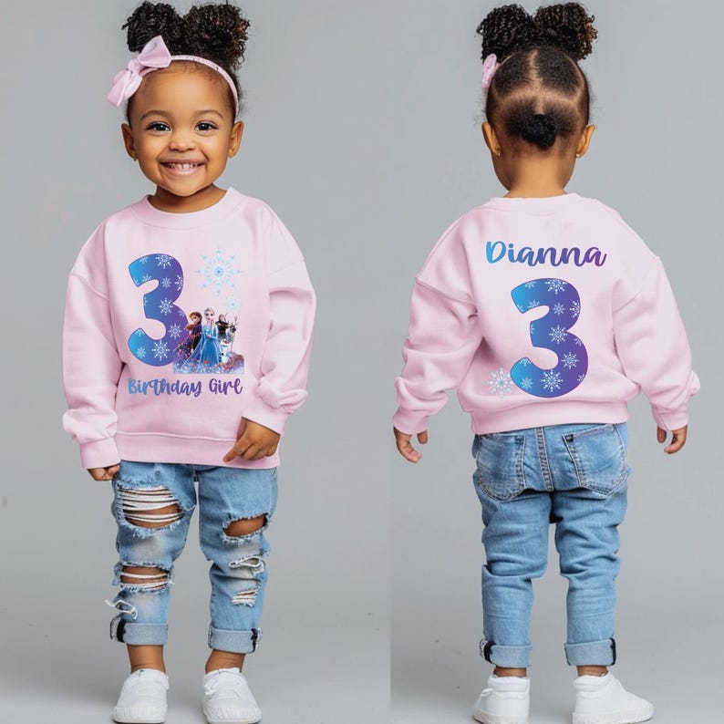 Pode incluir: Um moletom rosa com o n&uacute;mero 3 azul e branco e o texto "Birthday Girl" na frente. O moletom tamb&eacute;m apresenta um gr&aacute;fico de personagens do filme Frozen. A parte de tr&aacute;s do moletom tem o nome "Dianna" e outro 3.