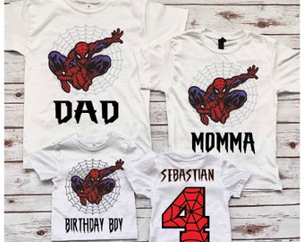 Spider Birthday T-Shirt, Superhero Inspired, personalized spiderweb shirt, character number birthday tshirr, matching family spider shirt